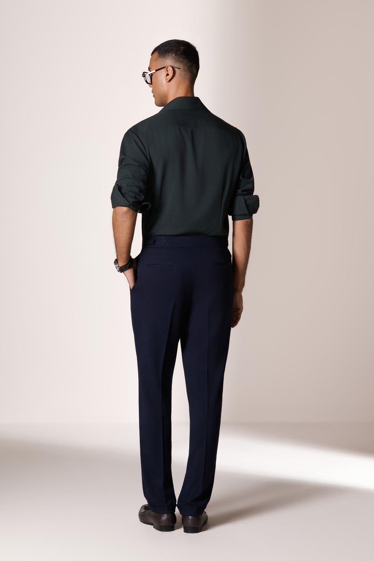 Navy Single Pleat Buckle Trousers