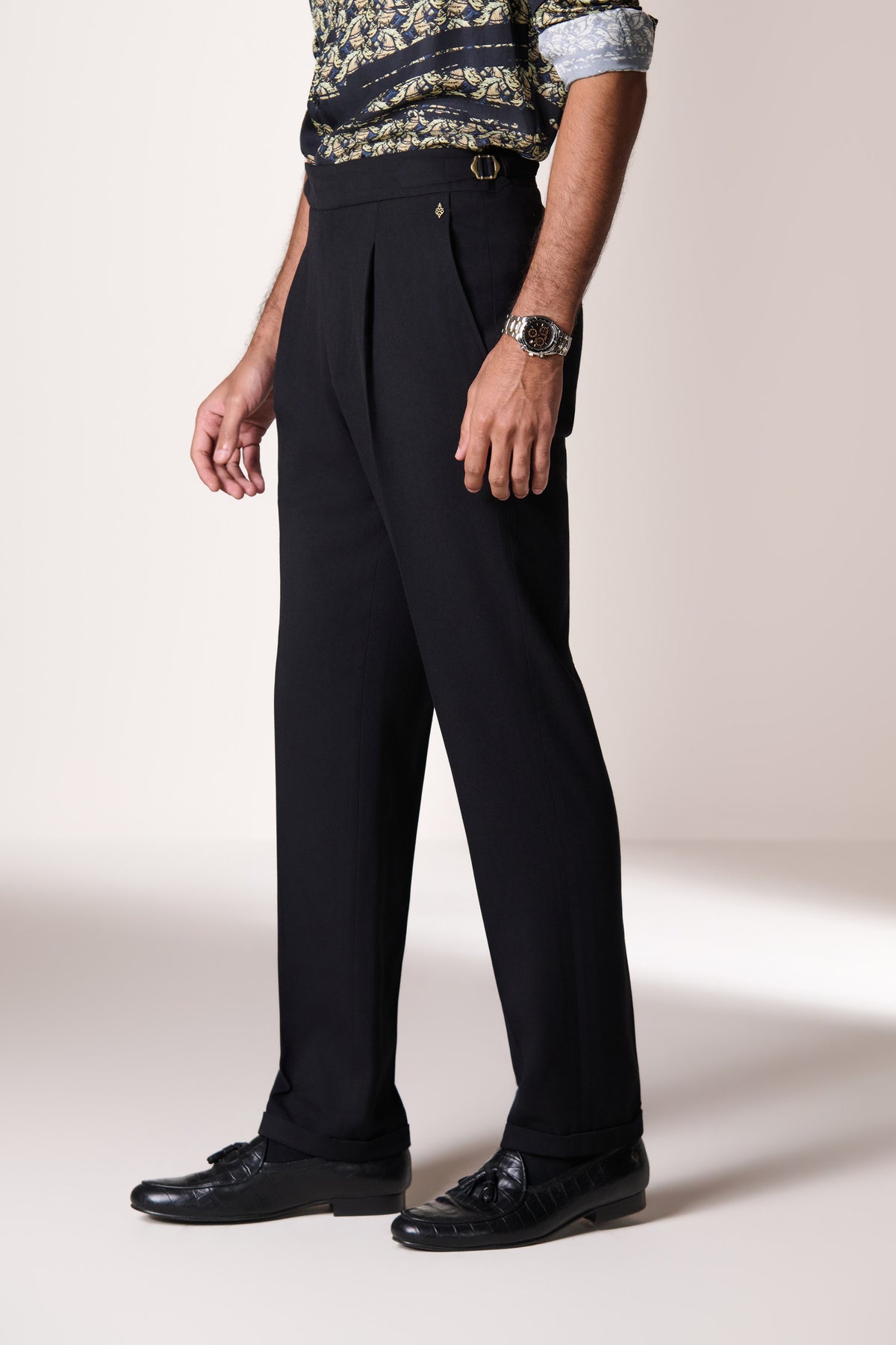 Black Single Pleat Buckle Trousers