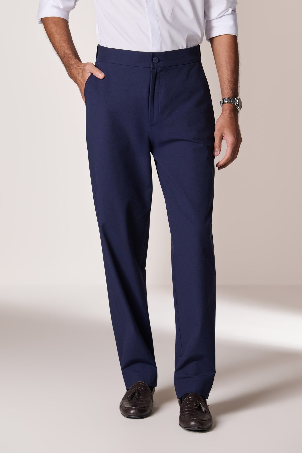 Navy Broad Waist Belt Trousers