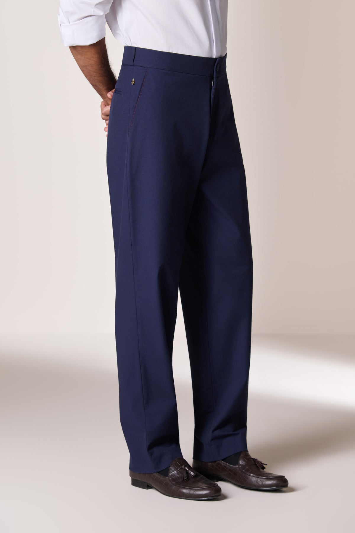 Navy Broad Waist Belt Trousers