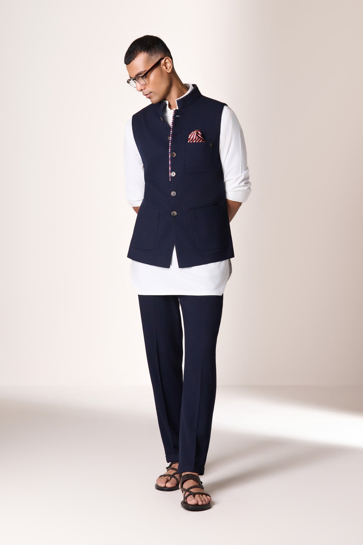 Navy Printed Piping Waistcoat