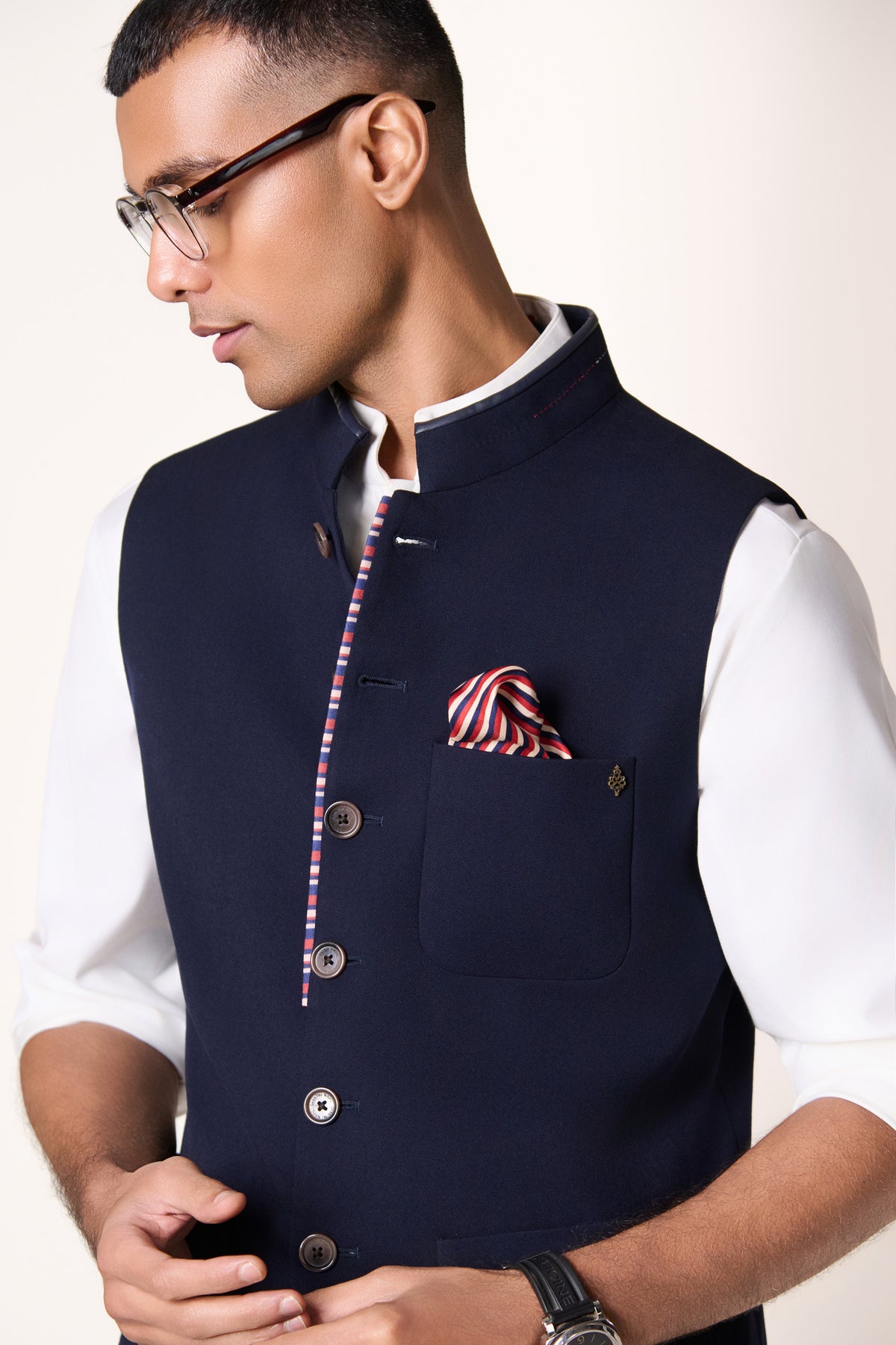 Navy Printed Piping Waistcoat