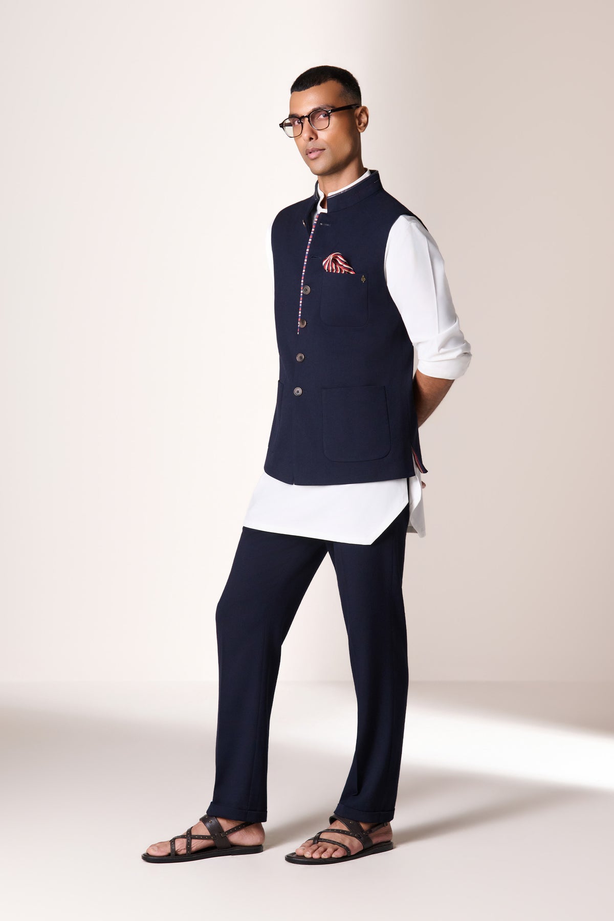 Navy Printed Piping Waistcoat