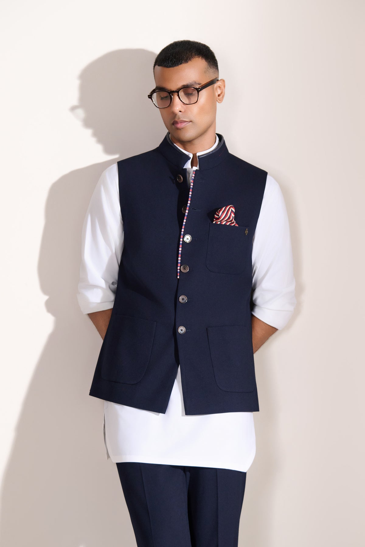 Navy Printed Piping Waistcoat