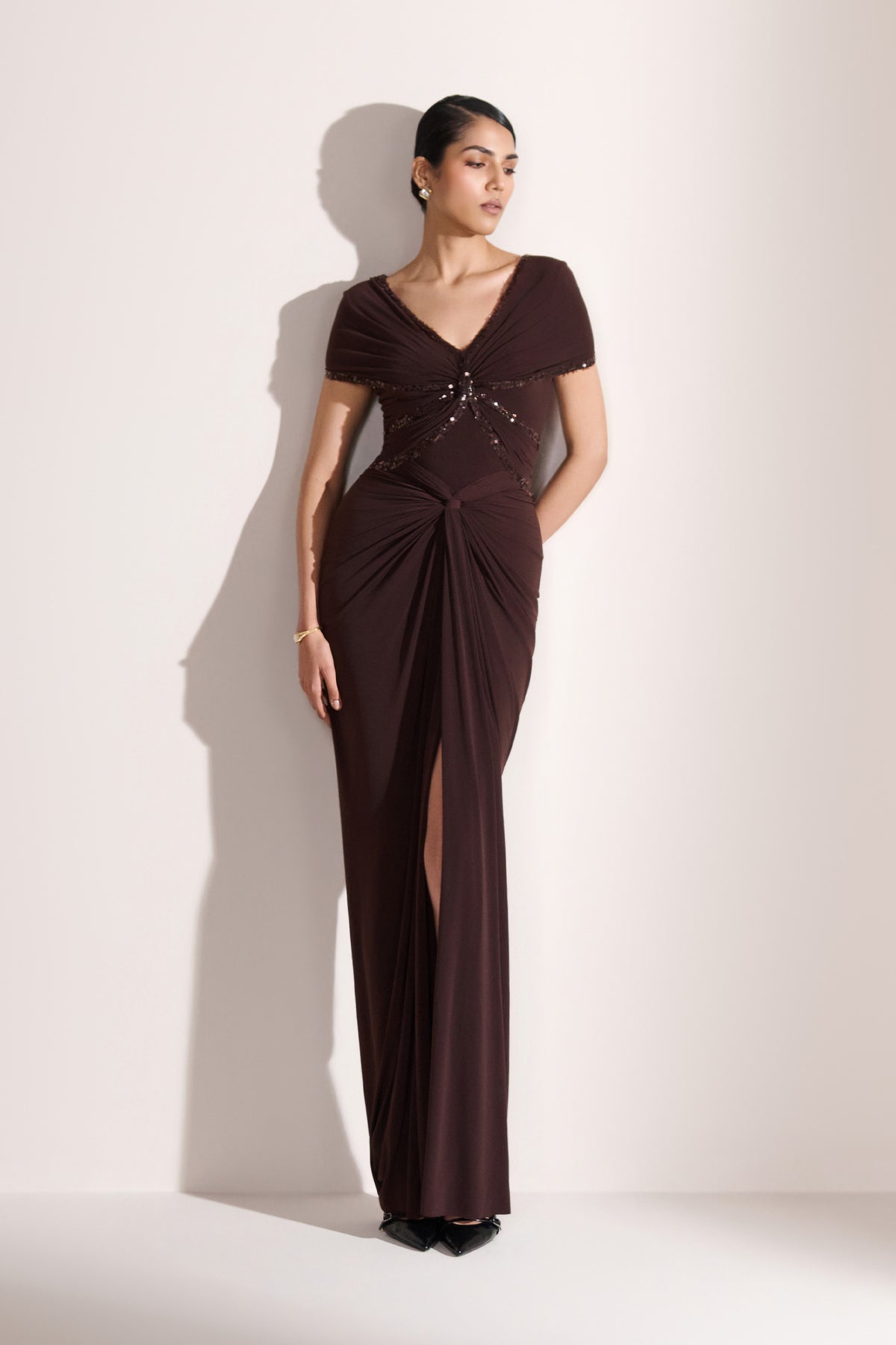Choco Twisted Drape Sequin Gown
