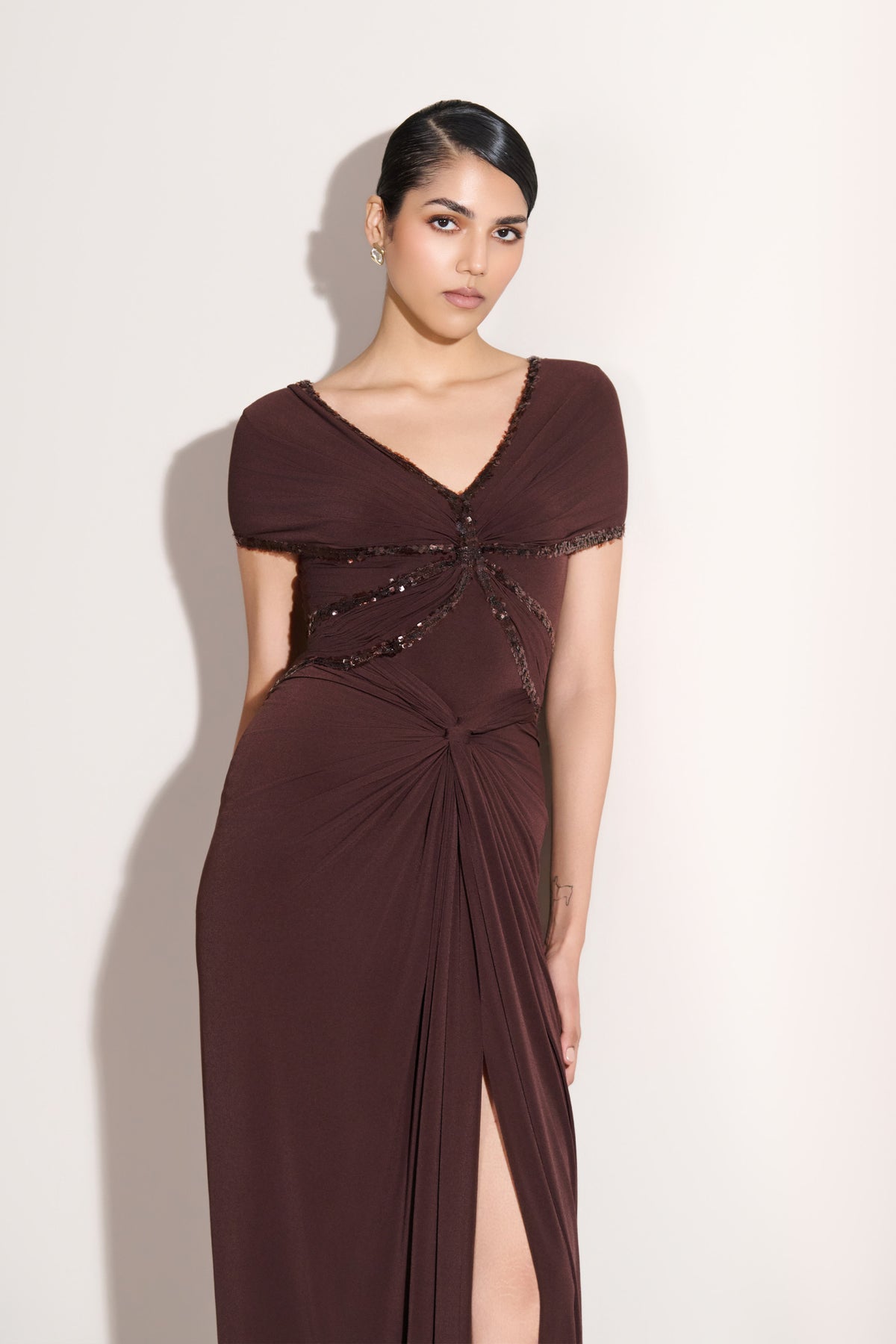 Choco Twisted Drape Sequin Gown