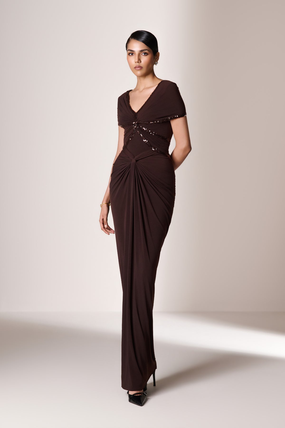 Choco Twisted Drape Sequin Gown
