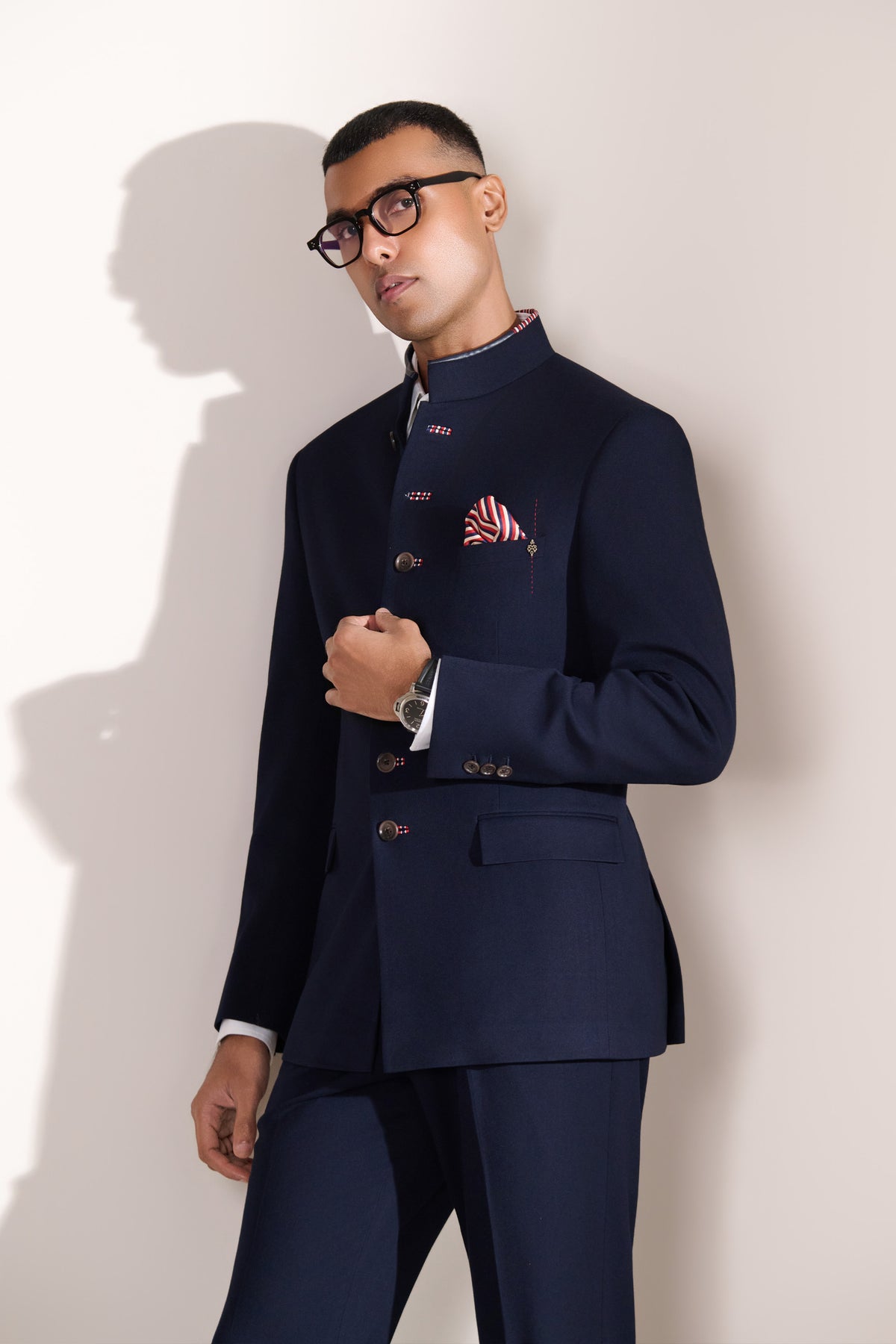 Navy Printed Buttonhole Bandhgala