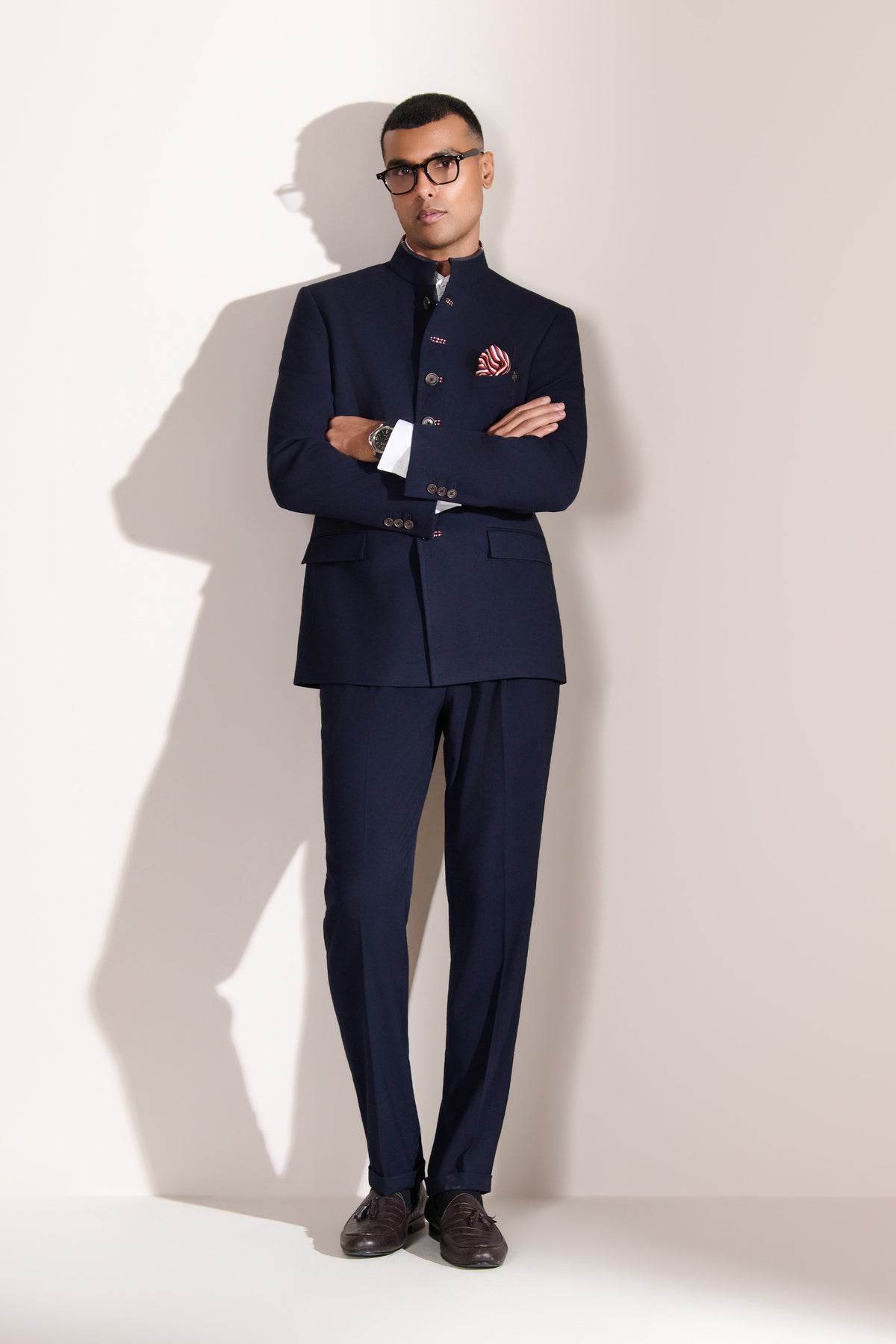 Navy Printed Buttonhole Bandhgala