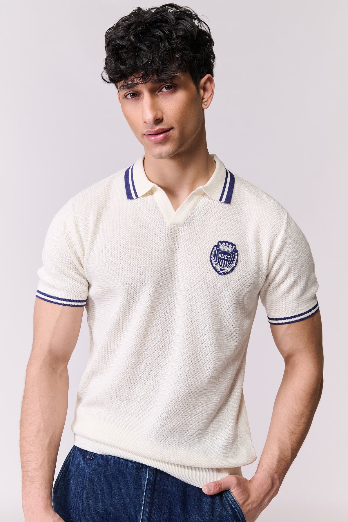 SNCC Off White Knitted Crest Polo T-Shirt