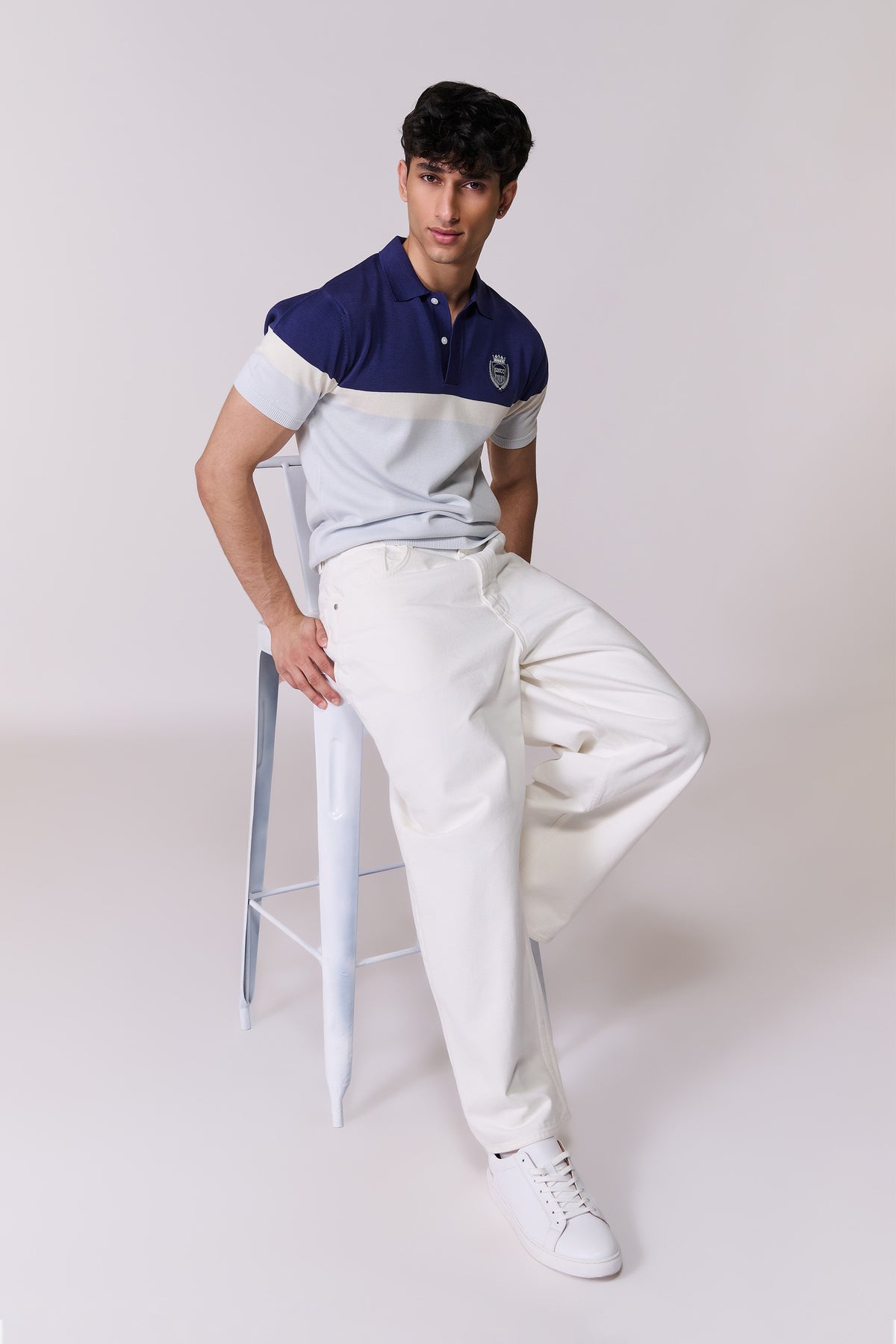 SNCC Navy-White Colour-Block Knit Polo