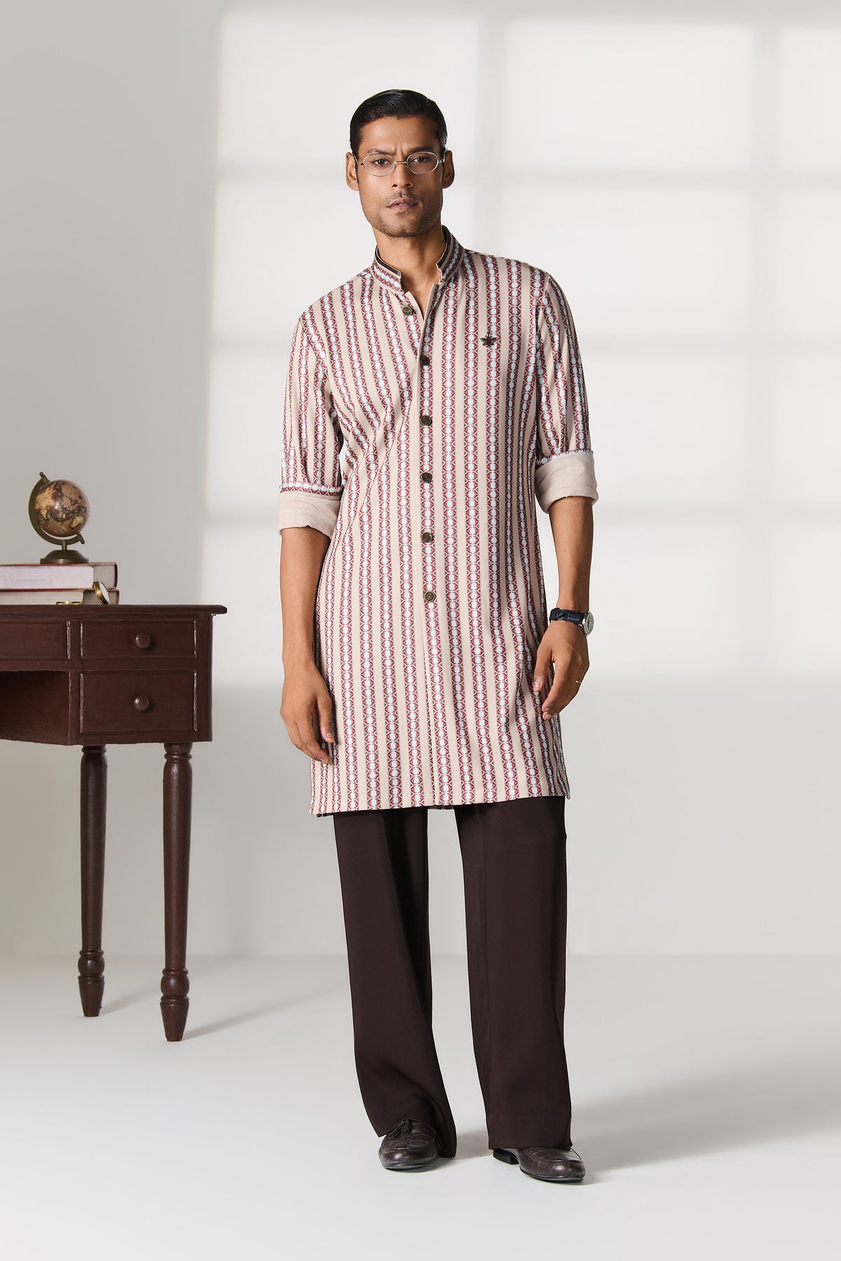 Beige Striped Bandhgala Collar Kurta