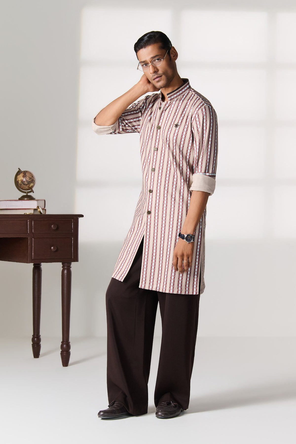 Beige Striped Bandhgala Collar Kurta
