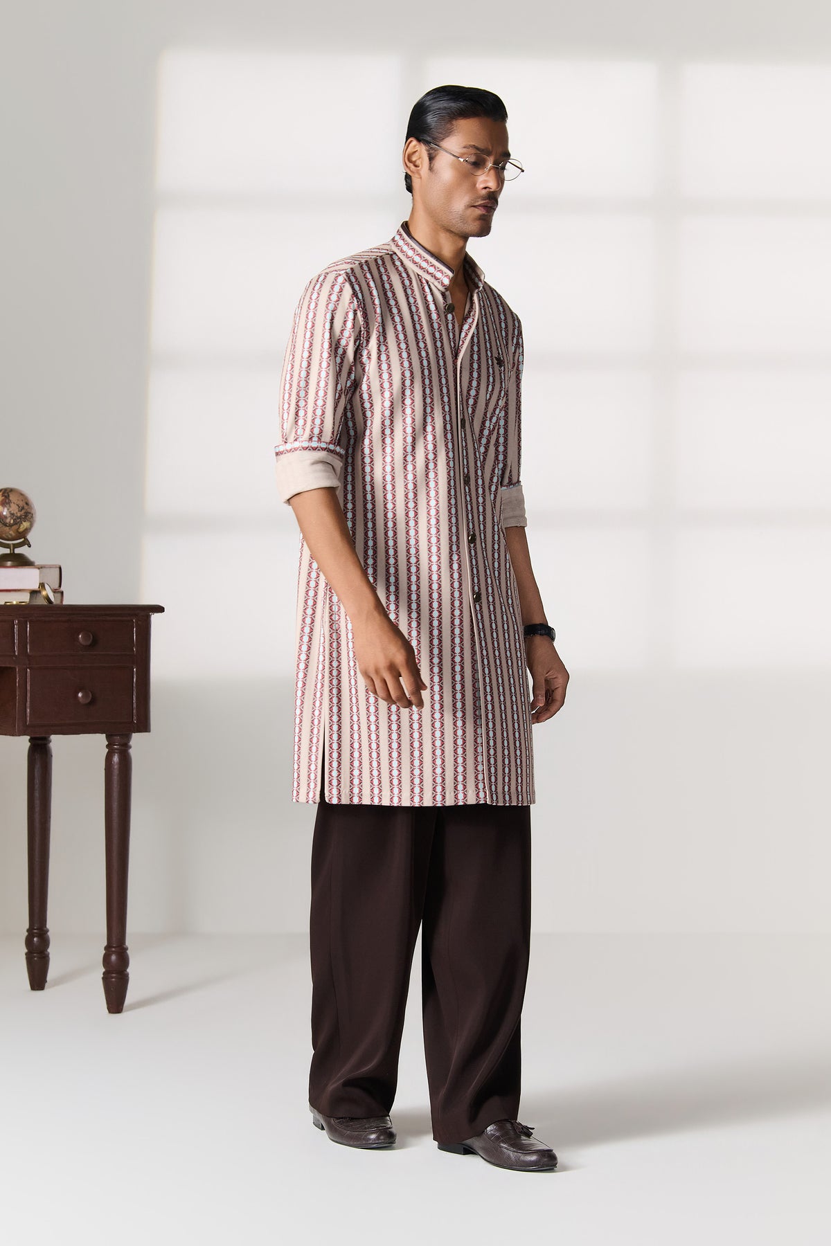 Beige Striped Bandhgala Collar Kurta