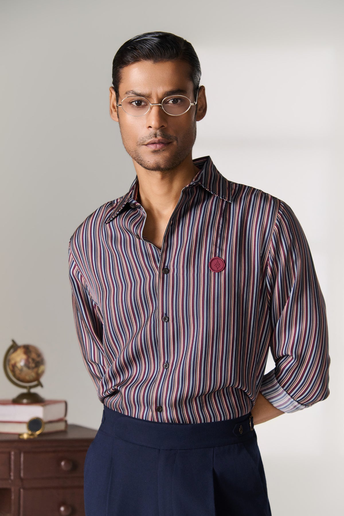 Grey Striped Mandarin Collar Shirt