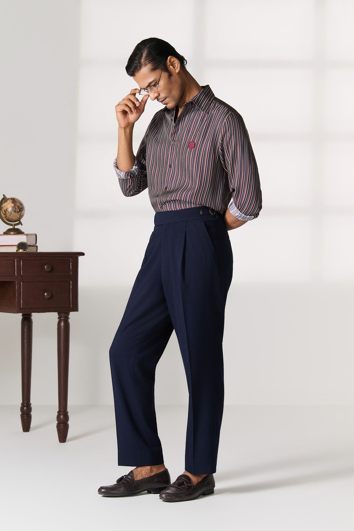 Grey Striped Mandarin Collar Shirt