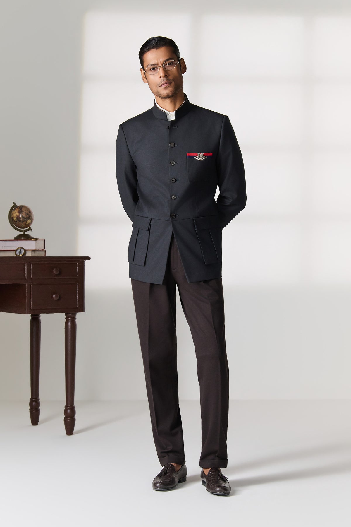 Charcoal Bandhgala Jacket with Medal Pocket Detail