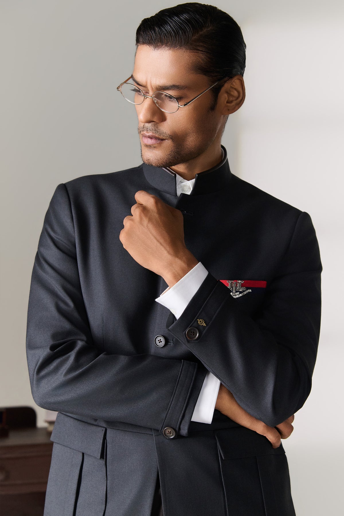 Charcoal Bandhgala Jacket with Medal Pocket Detail