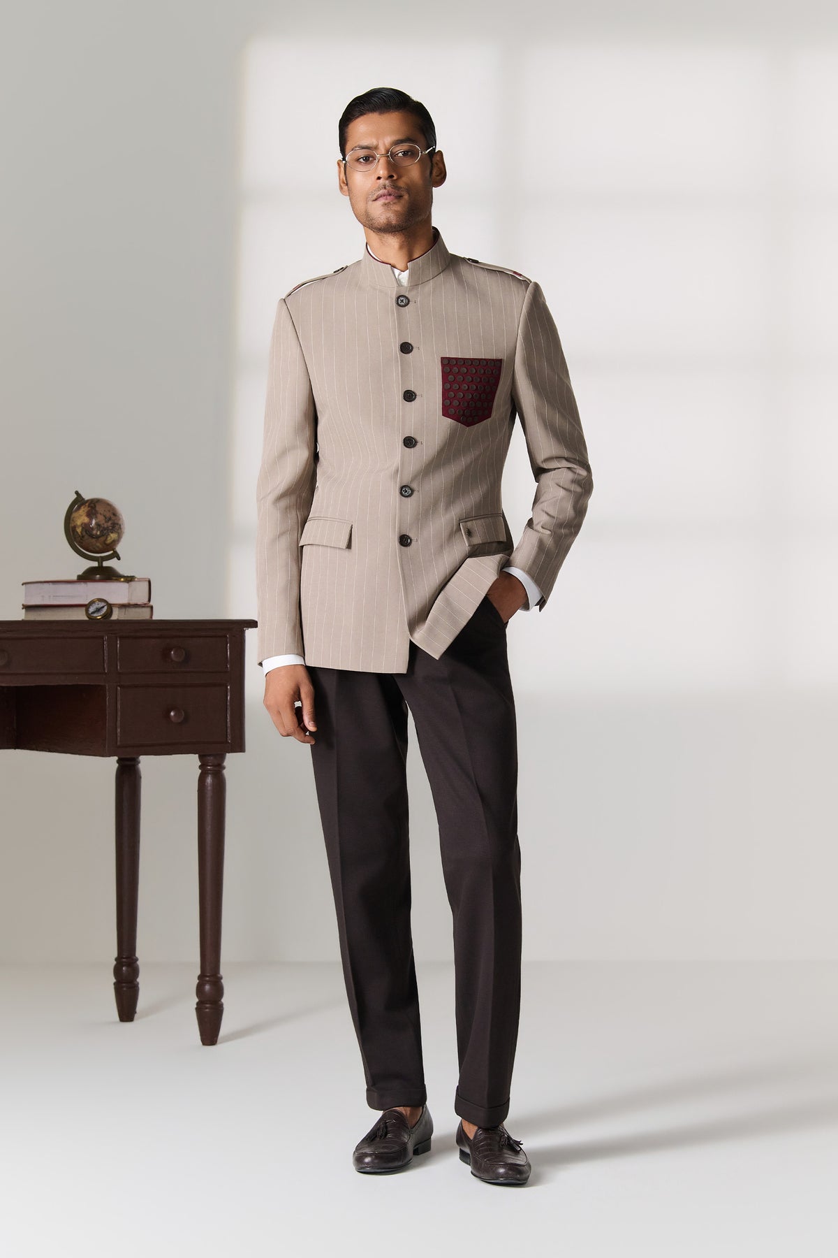 Beige Pinstripe Bandhgala with Printed Pocket