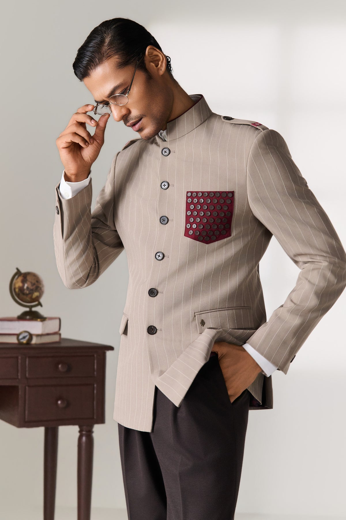 Beige Pinstripe Bandhgala with Printed Pocket