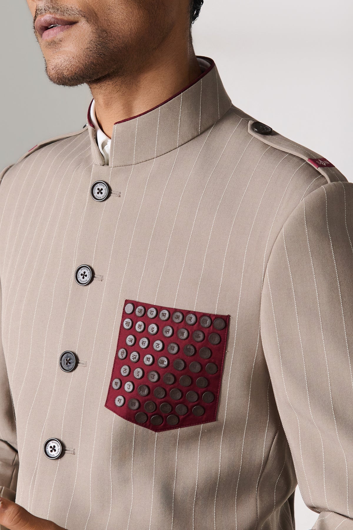 Beige Pinstripe Bandhgala with Printed Pocket