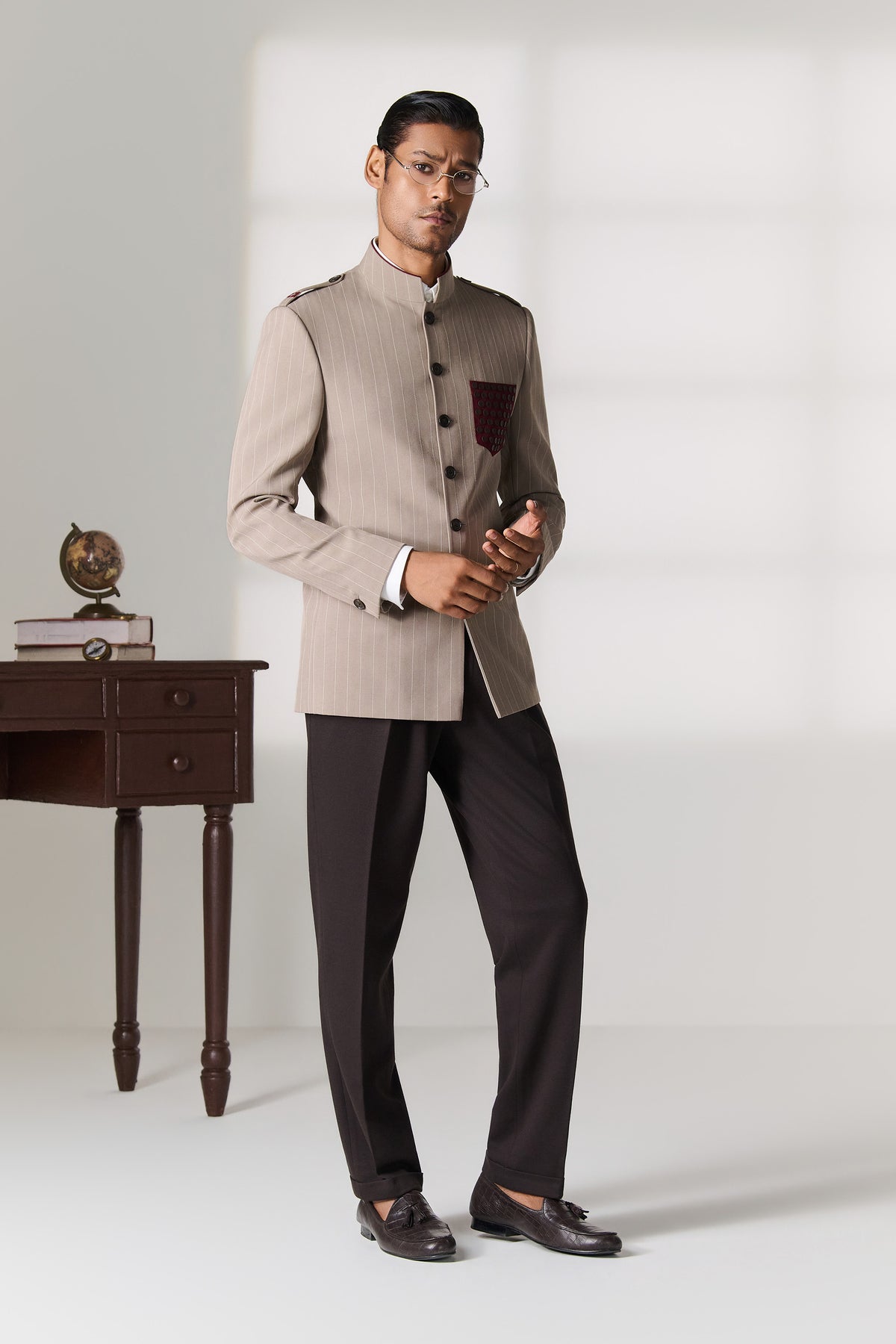 Beige Pinstripe Bandhgala with Printed Pocket