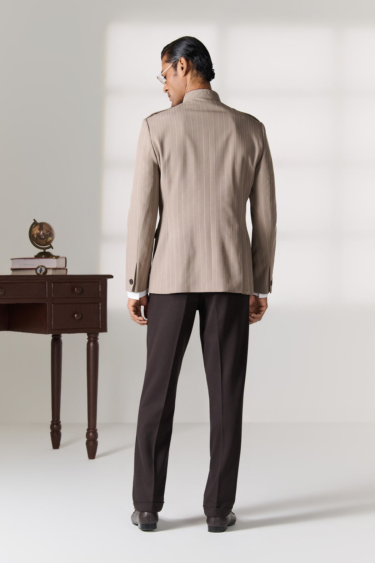 Beige Pinstripe Bandhgala with Printed Pocket