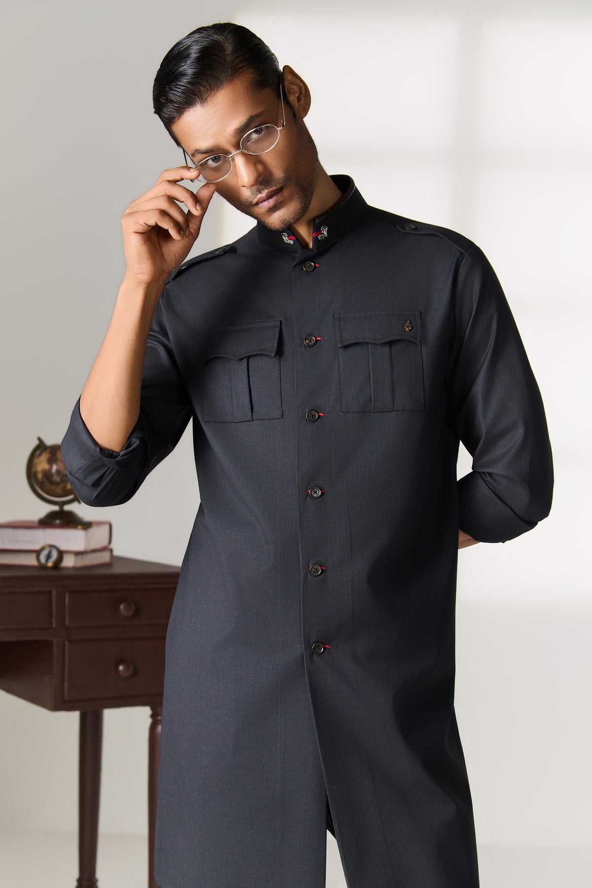 Black Military-Inspired Kurta with Epaulettes