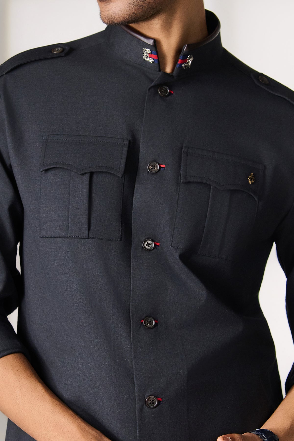 Black Military-Inspired Kurta with Epaulettes