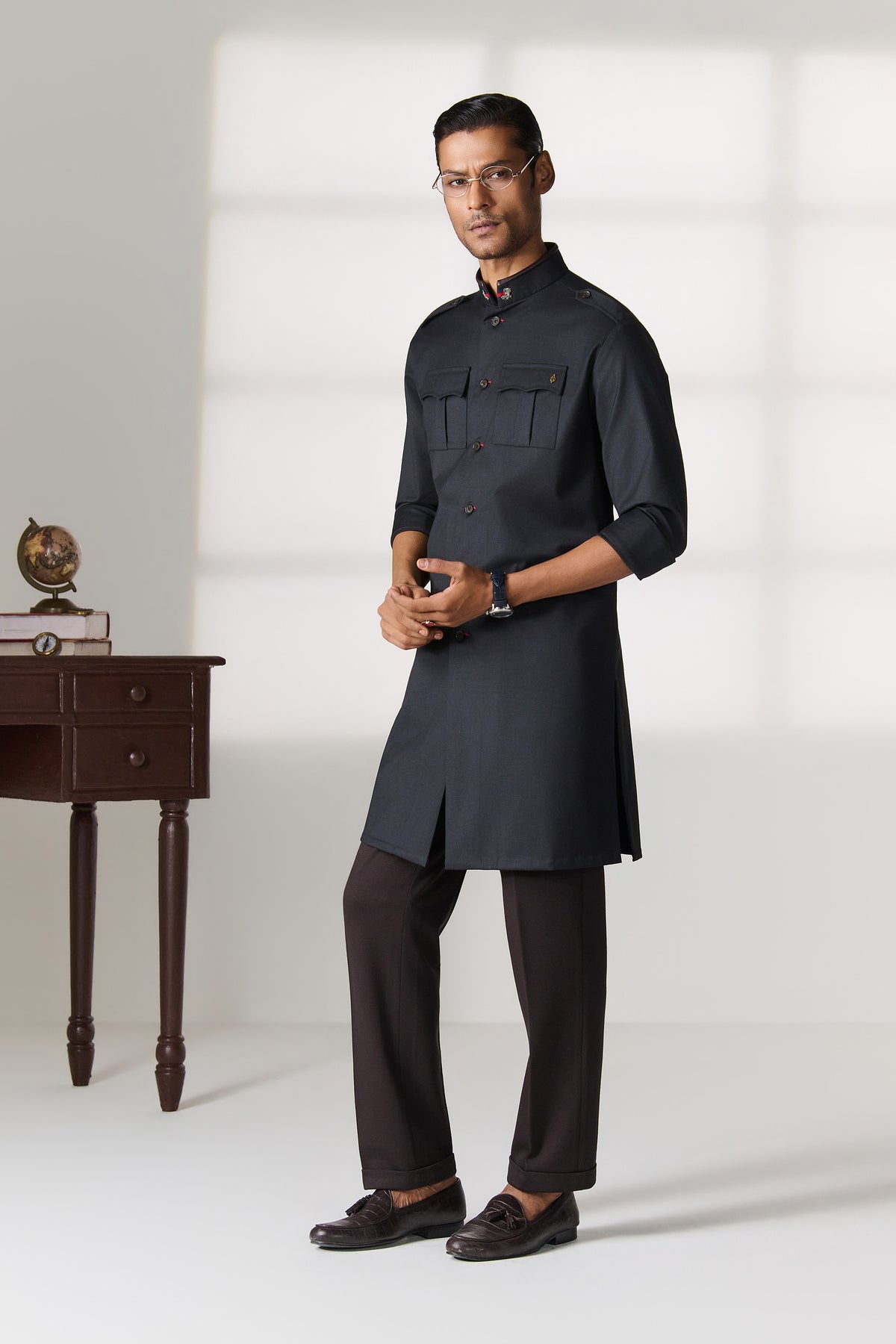 Black Military-Inspired Kurta with Epaulettes