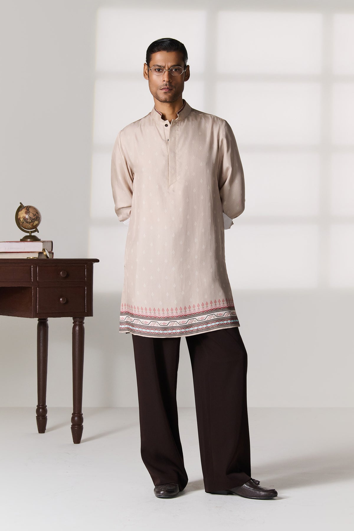 Beige Silk Twill Kurta with Woven Border