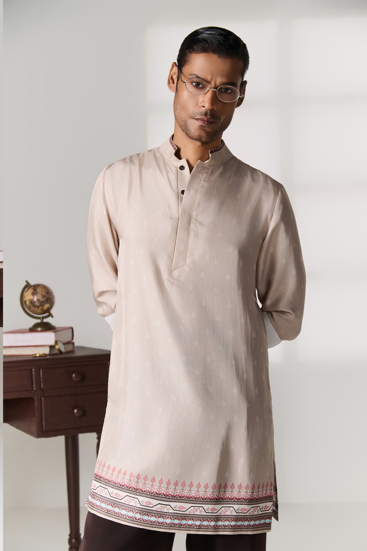 Beige Silk Twill Kurta with Woven Border