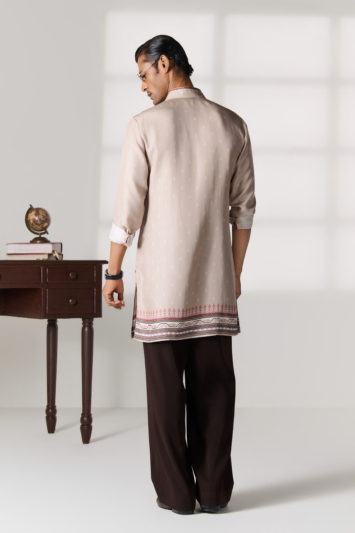 Beige Silk Twill Kurta with Woven Border