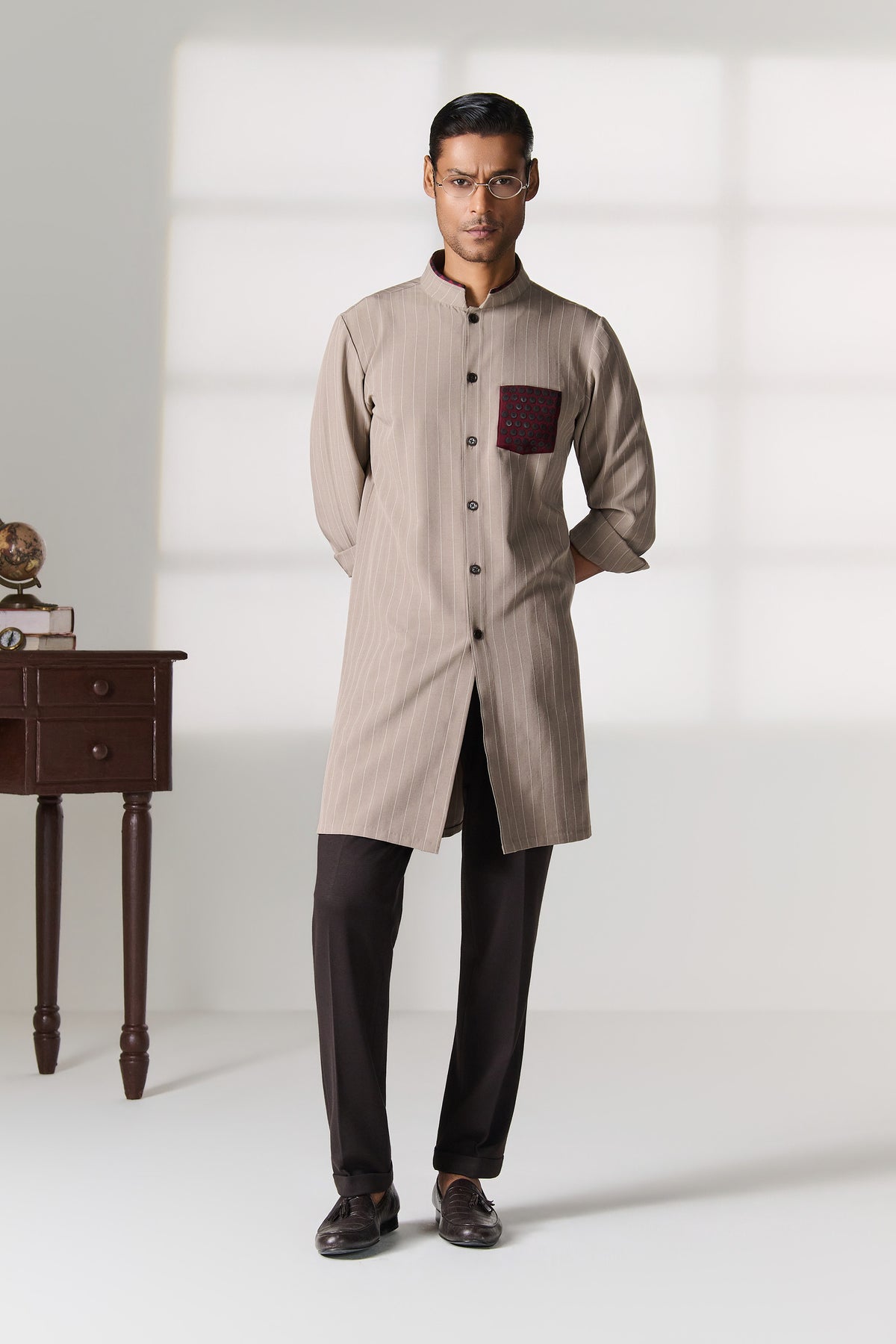 Beige Striped Kurta with Contrast Pocket
