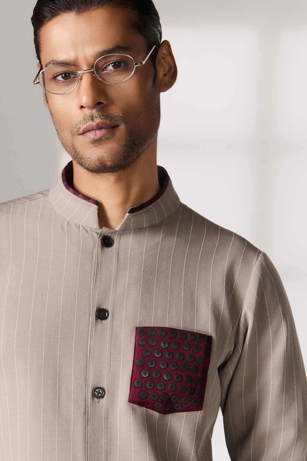 Beige Striped Kurta with Contrast Pocket