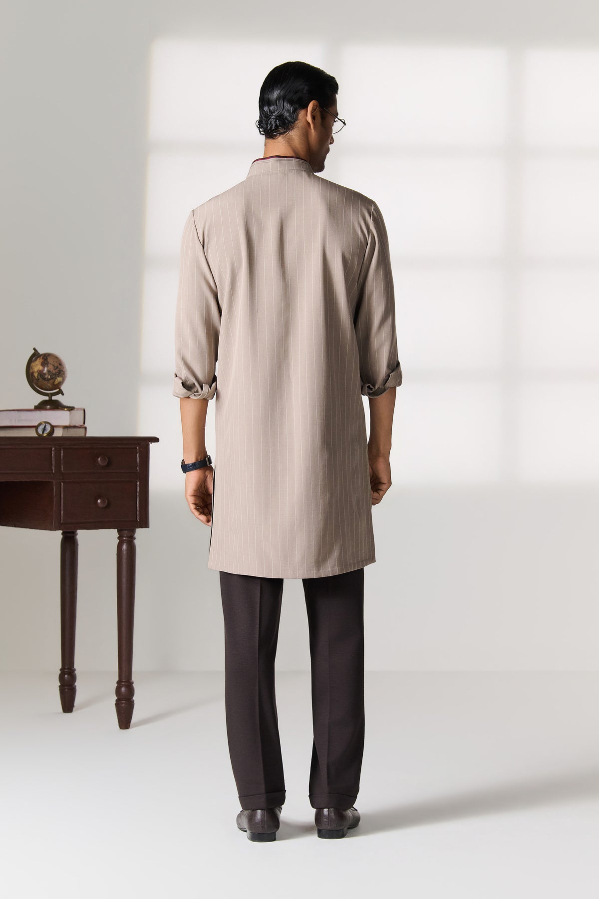 Beige Striped Kurta with Contrast Pocket