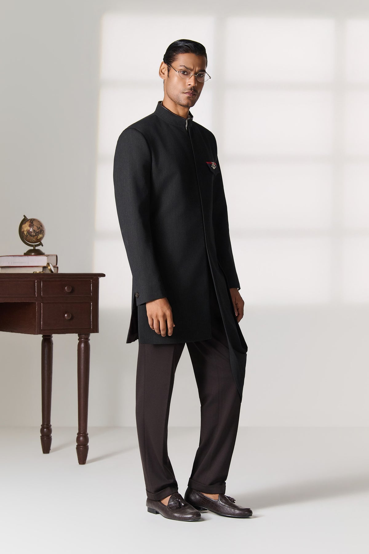 Charcoal Long Sherwani with Tricolour Pocket Detail