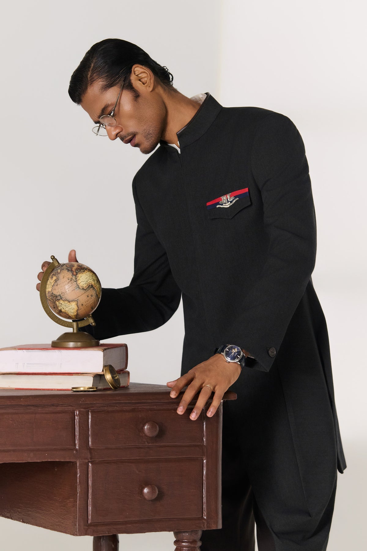 Charcoal Long Sherwani with Tricolour Pocket Detail