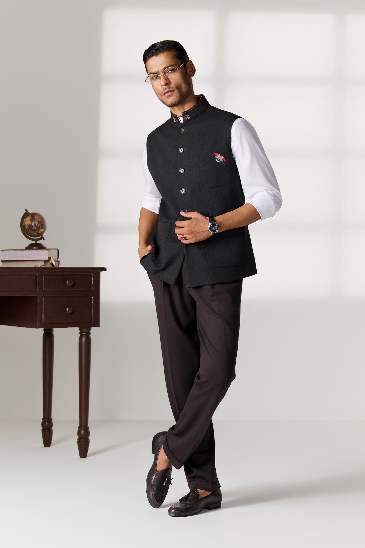 Charcoal Waistcoat with Embroidered Pocket Motif
