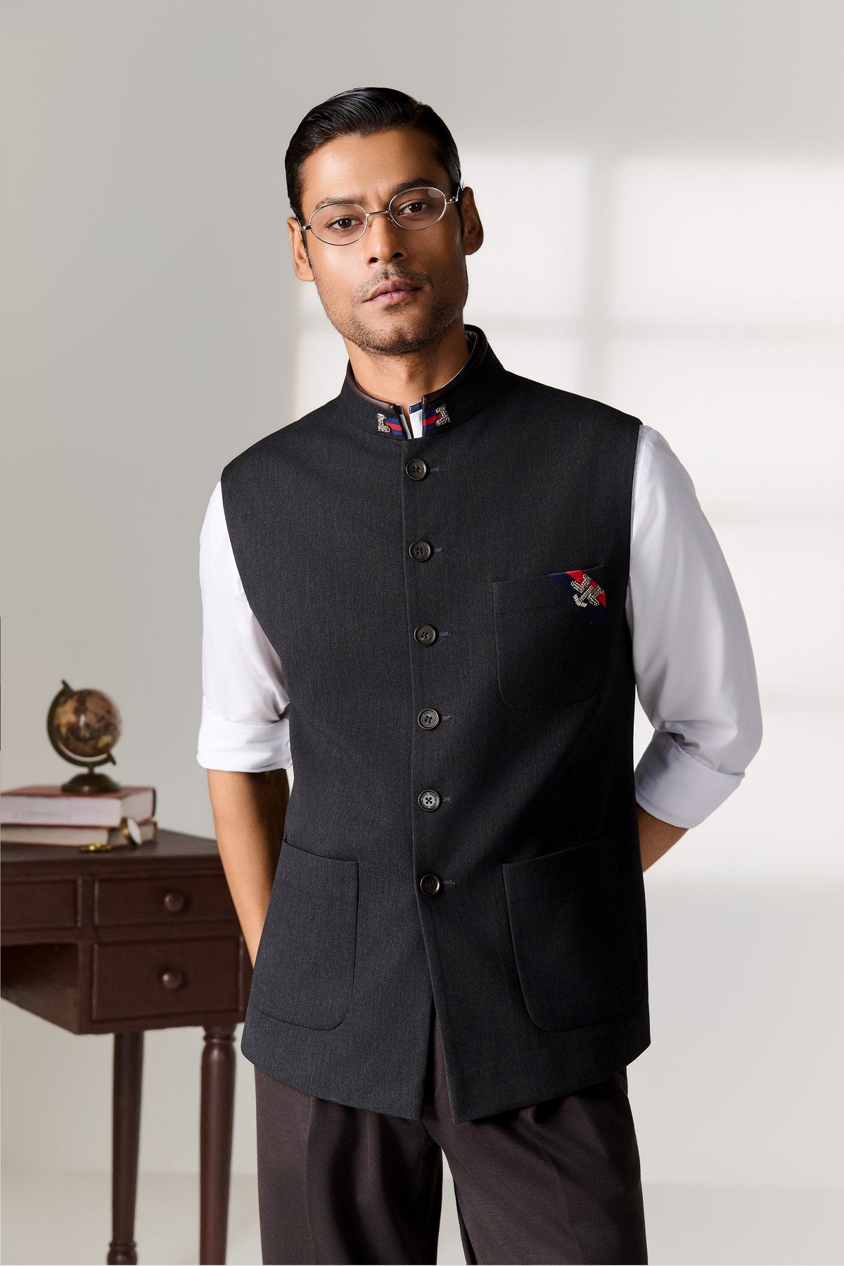 Charcoal Waistcoat with Embroidered Pocket Motif