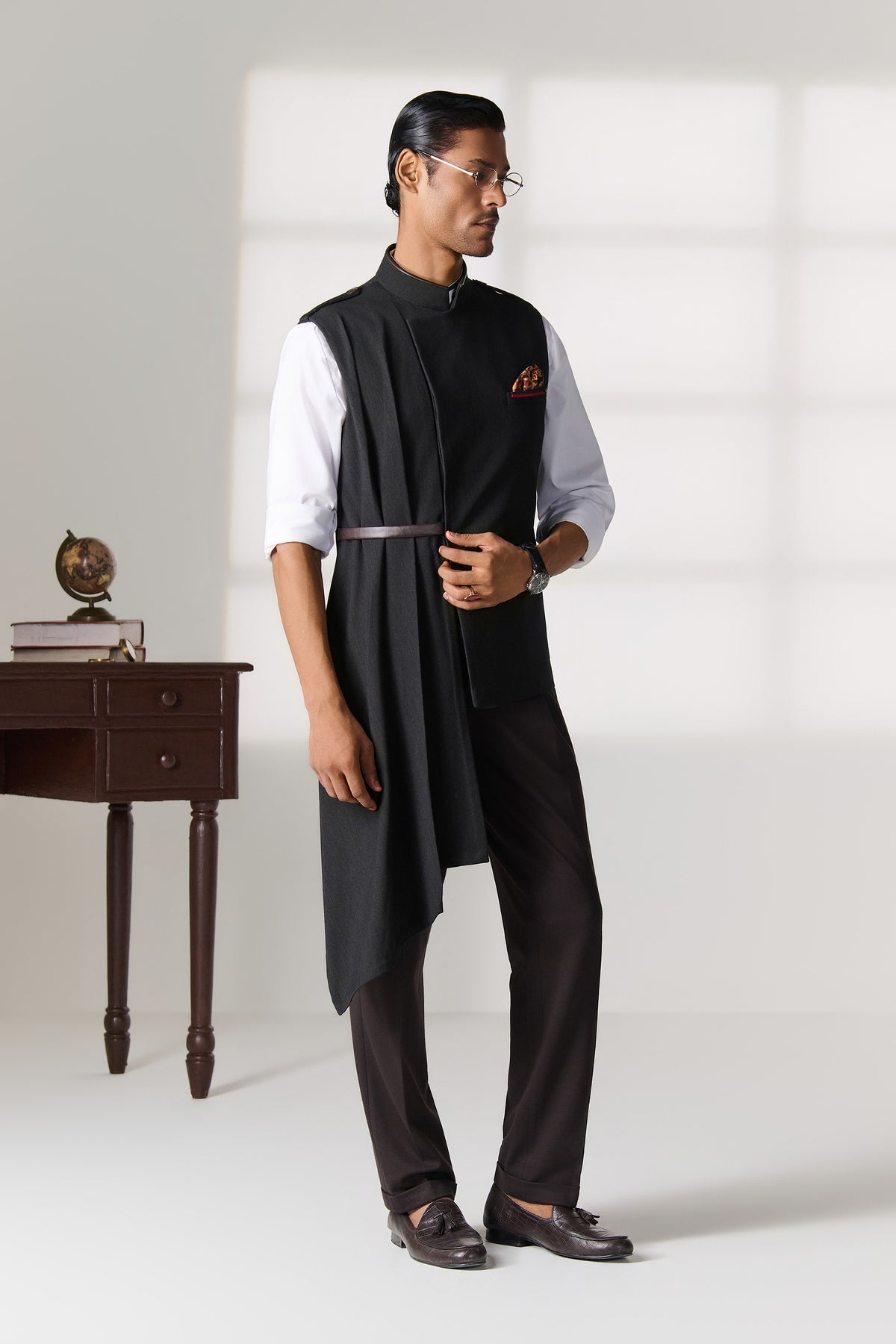 Black Asymmetric Drape Waistcoat with Belt