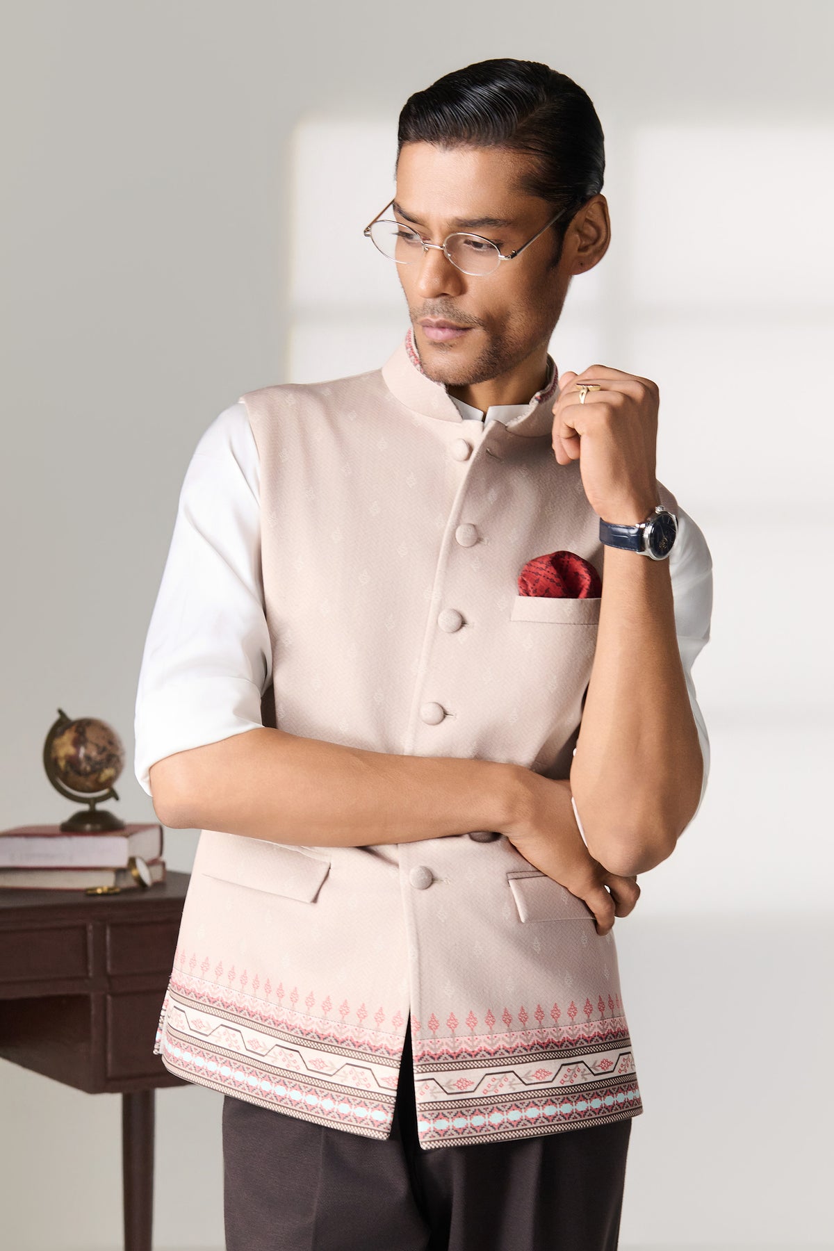 Beige Printed Waistcoat with Woven Border