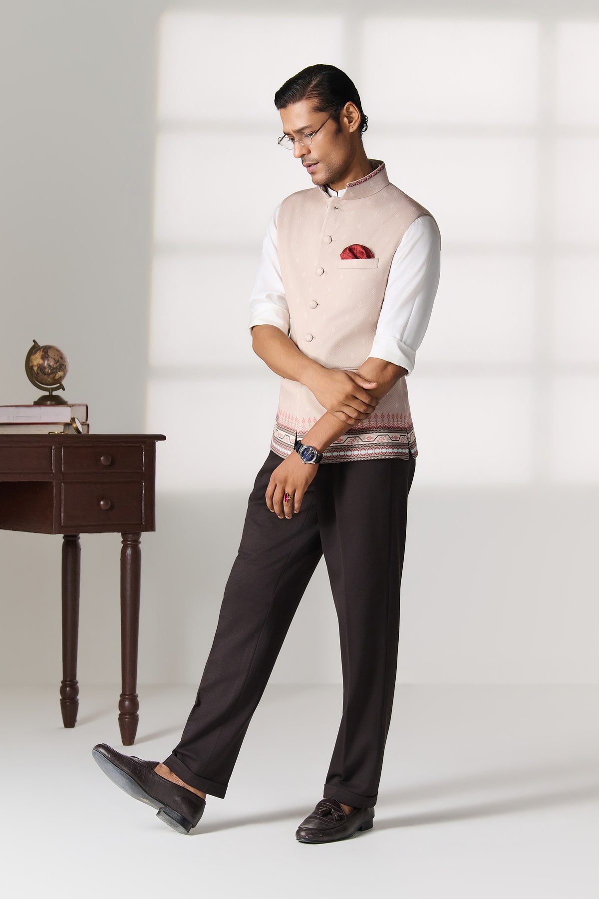 Beige Printed Waistcoat with Woven Border