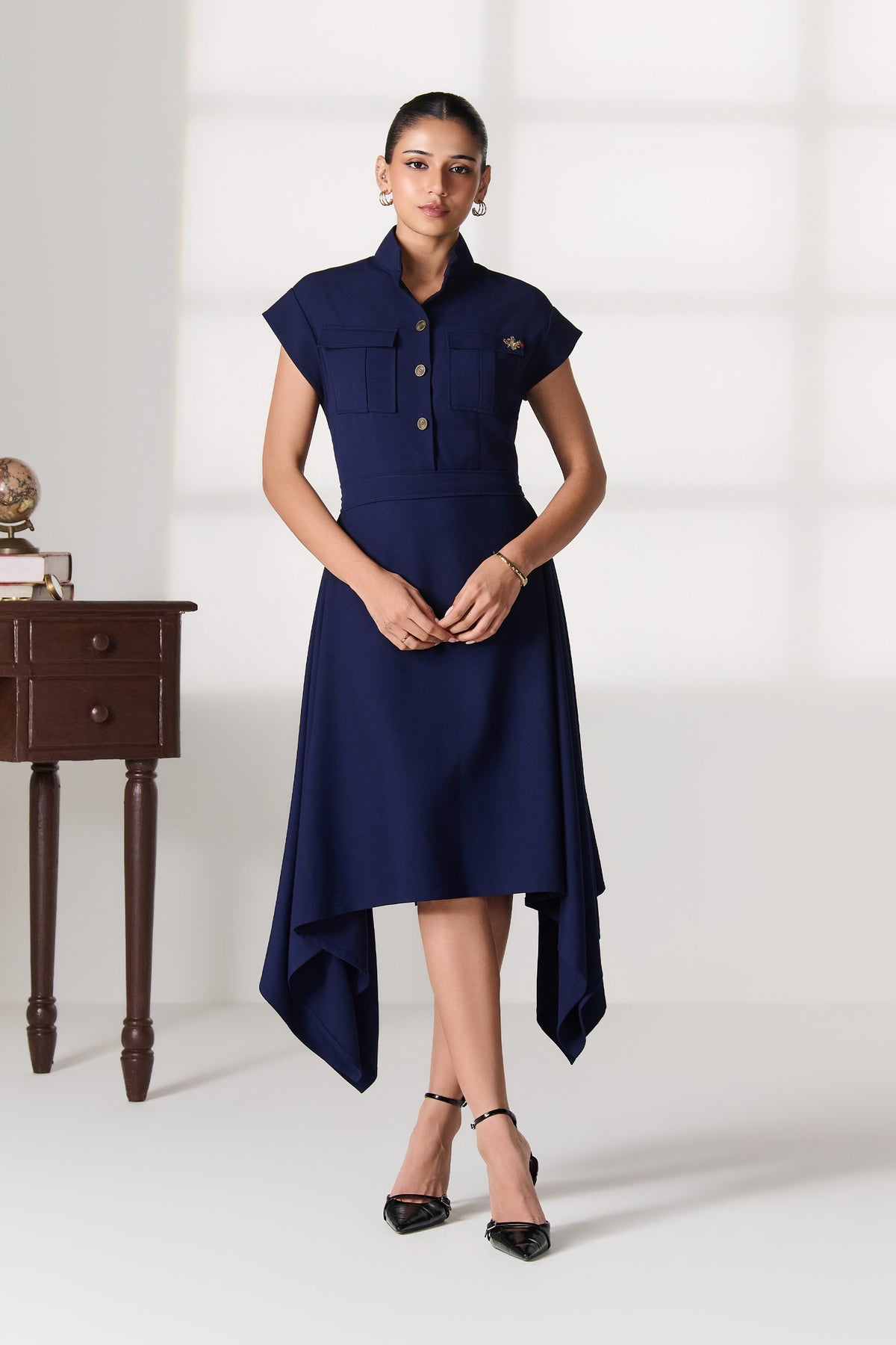 Navy Safari-Style Shirt Dress