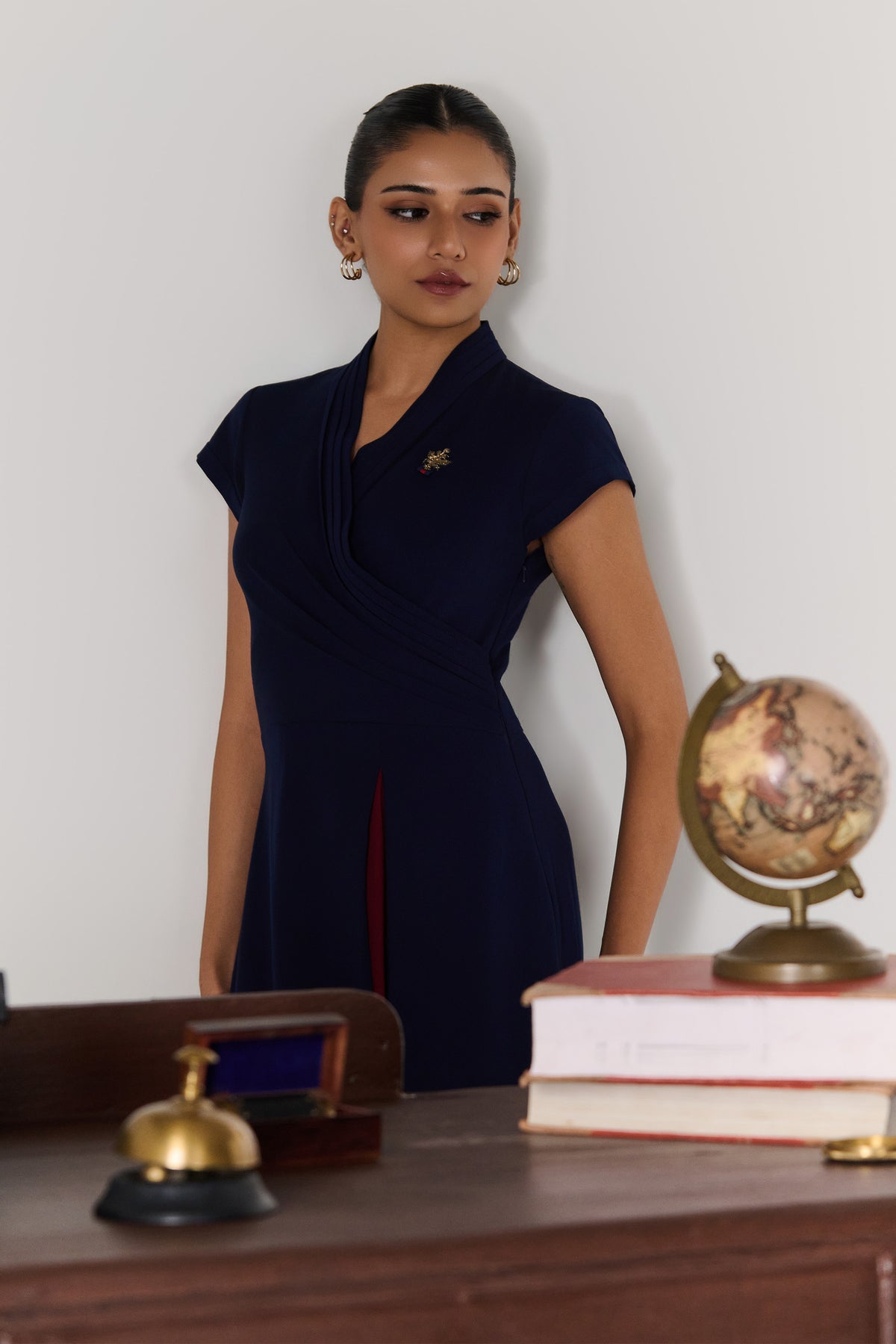 Navy Wrap Dress with Brooch Detail