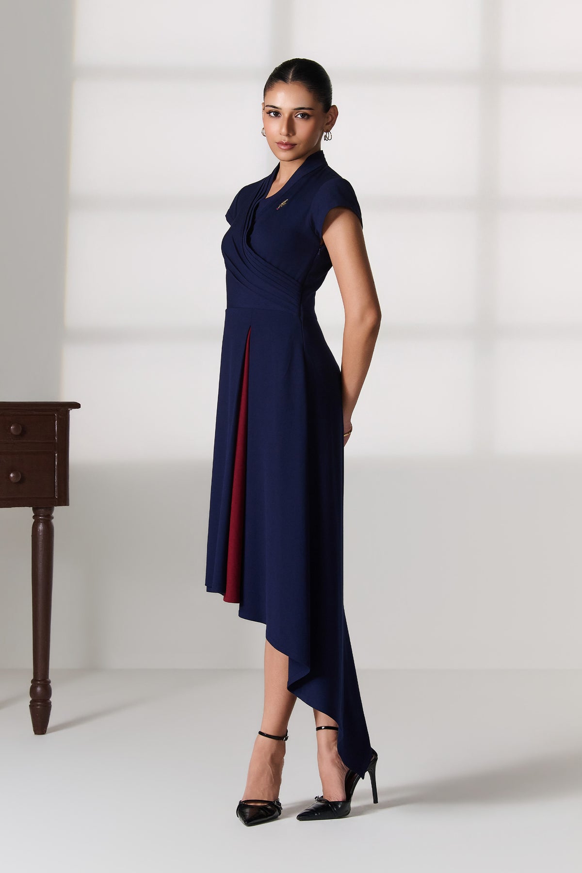 Navy Wrap Dress with Brooch Detail