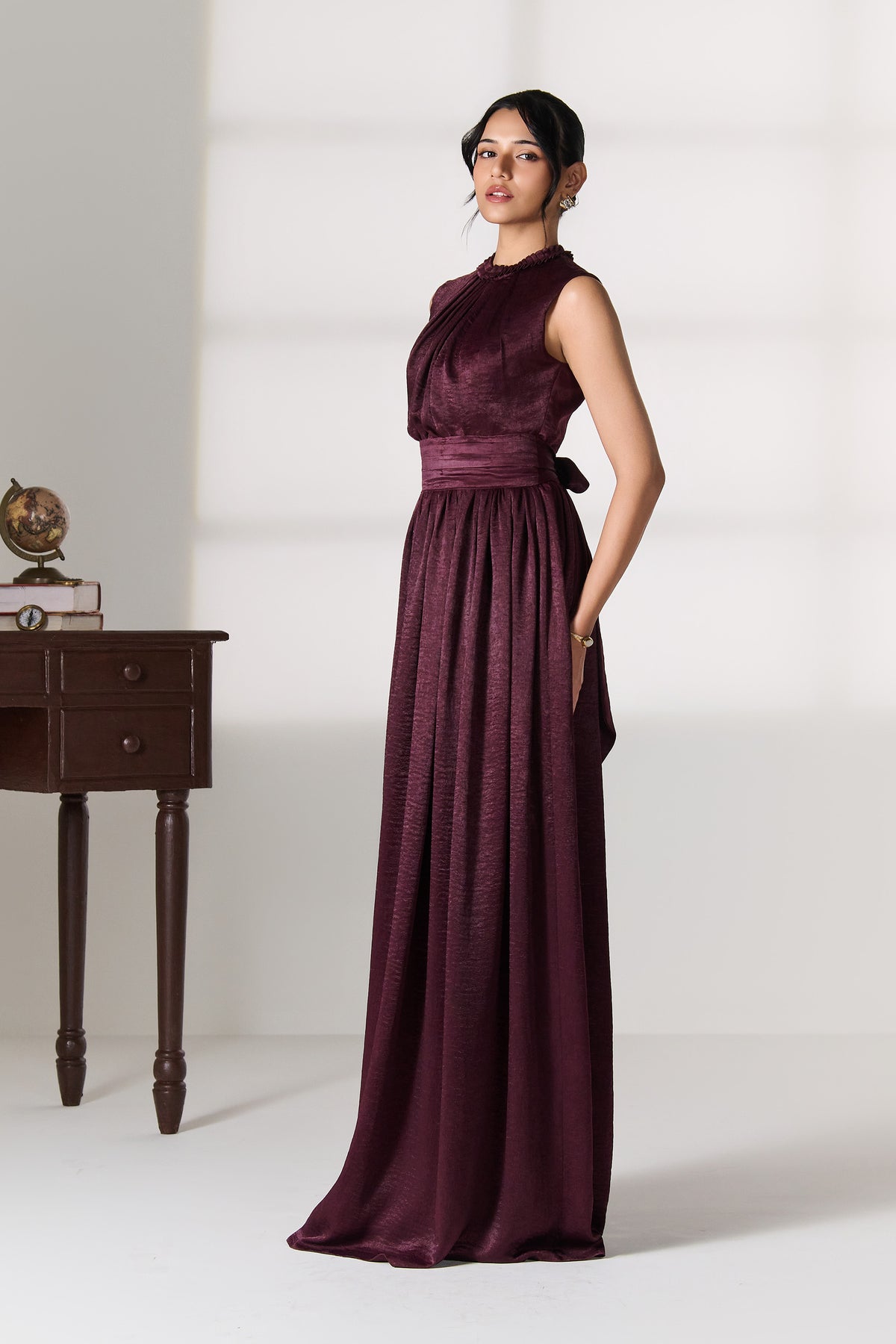 Plum Metallic Pleated Dress