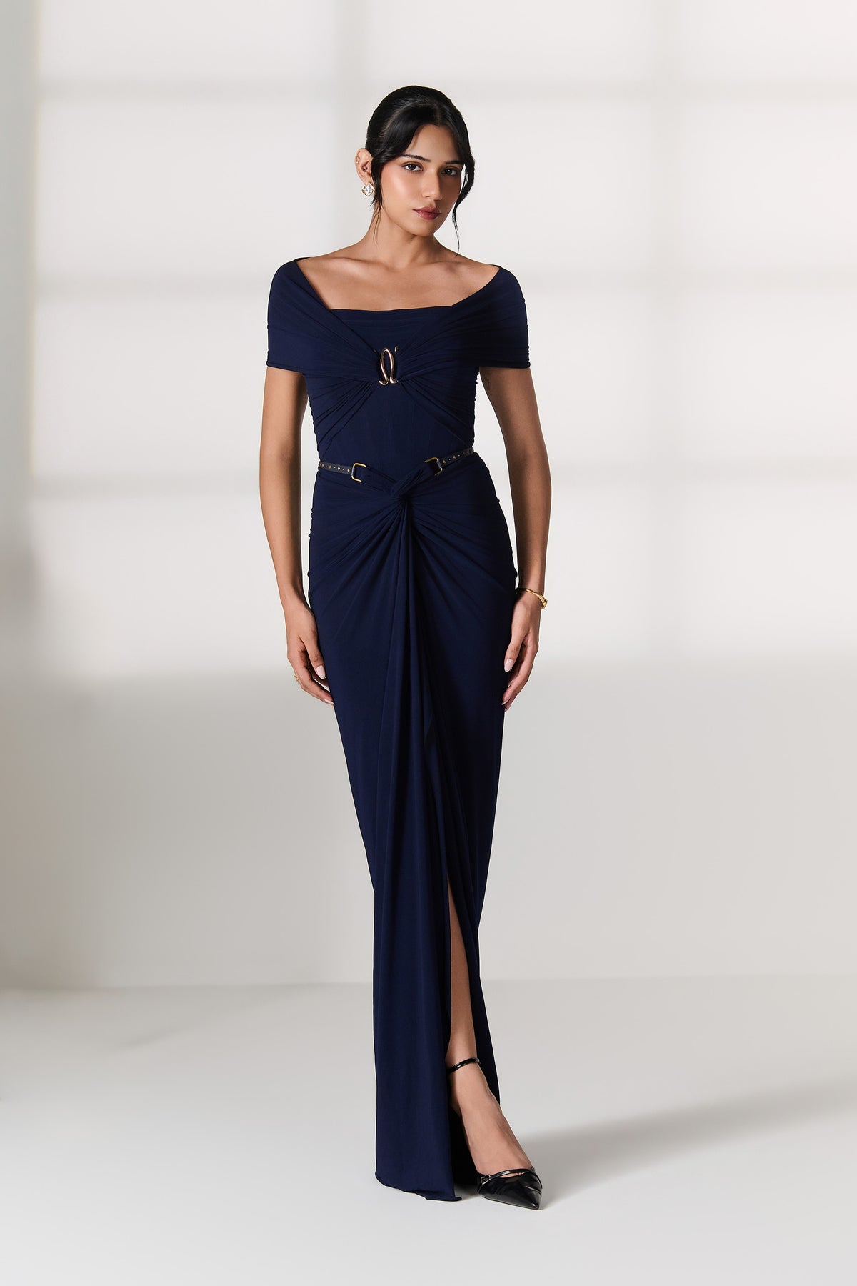 Navy Off-Shoulder Wrap Top