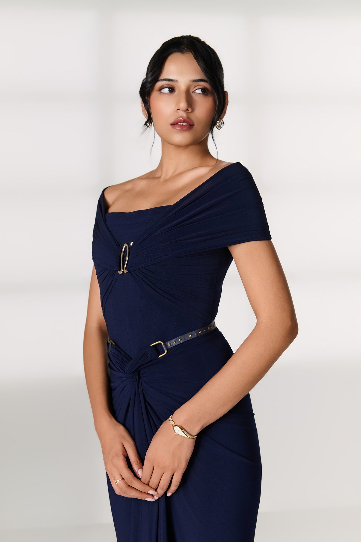 Navy Off-Shoulder Wrap Top