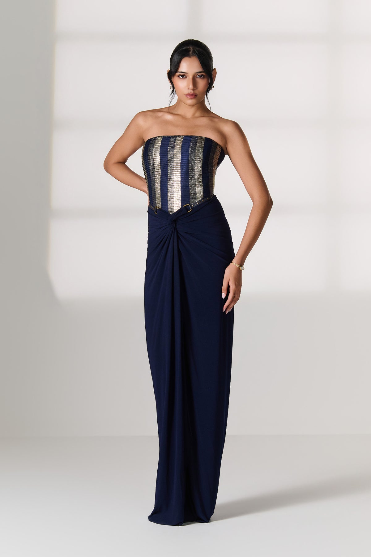 Navy-Gold Striped Corset Top